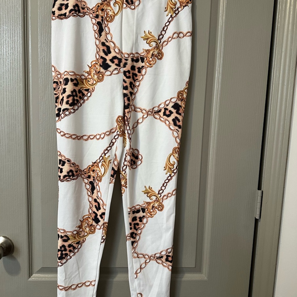 Stylish White and Gold Chain Patterned Leopard Cheetah Women's Pants Leggings L